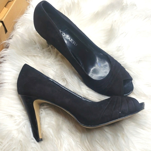 FRANCO SARTO Victor Suede Open Toe High Heel Pumps Black peep toe 8.5M - Picture 1 of 11